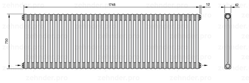 Схема (чертеж) Радиатор Zehnder Charleston 2075/38 №2670 Белый глянцевый RAL 9016